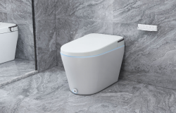 The white smart toilet is in the grey bathroom