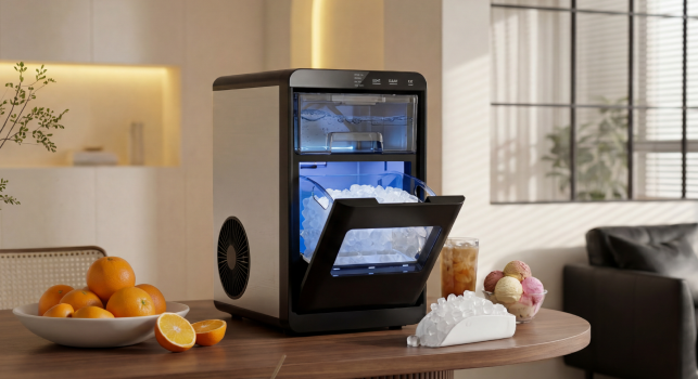 Countertop ice maker dispensing fresh ice in a modern kitchen