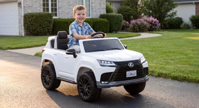 A boy is driving a white children's electric bike on the road